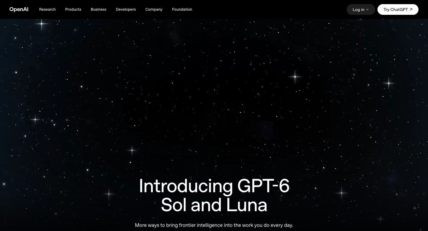 Capture de l'annonce Introducing GPT-6 Sol and Luna publiée par OpenAI le 22 septembre 2026