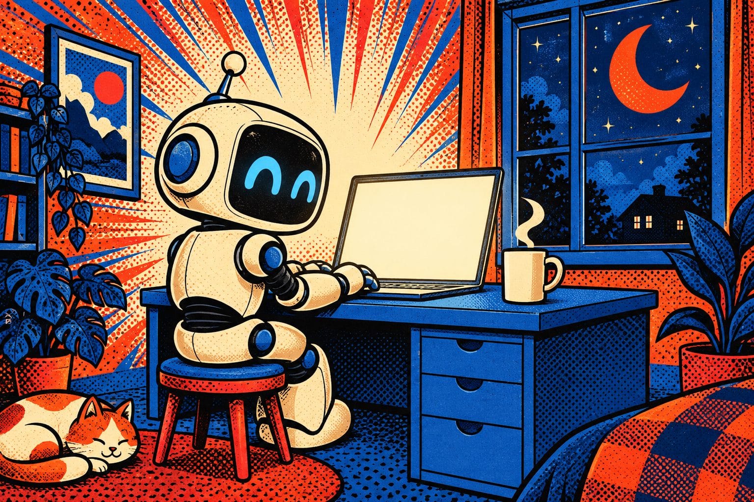 Illustration pop-art : un robot utilise GPT-6 Luna sur un ordinateur portable un soir, un croissant de lune rouge à la fenêtre