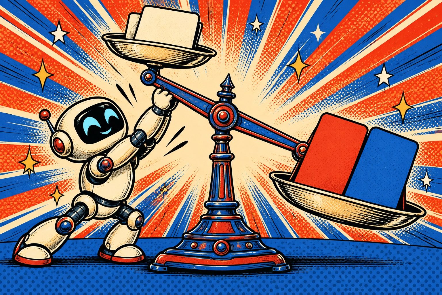 Illustration pop-art : un robot fait pencher une balance géante avec les cartes des modèles GPT-6 Sol et Luna d'OpenAI, en rouge et bleu