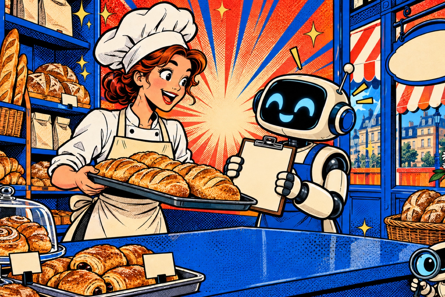 Illustration pop-art d'un robot assistant derrière le comptoir d'une boulangerie française, aidant une boulangère, avec des rayons de pain et un store en arrière-plan