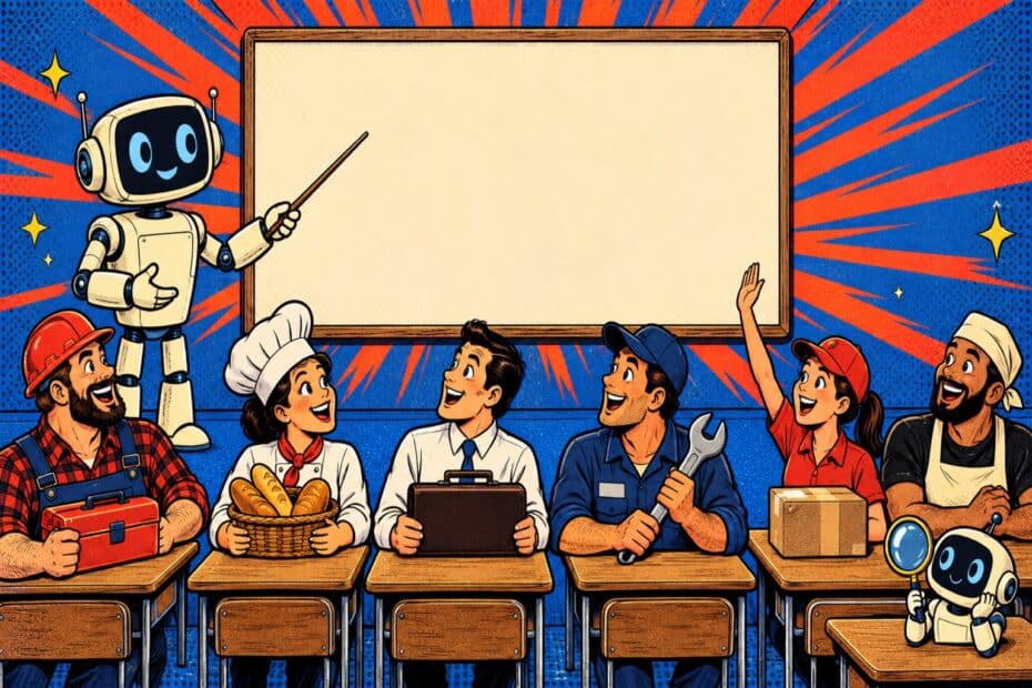 Illustration pop-art d'un robot enseignant devant un grand tableau vierge, face à des travailleurs de métiers différents assis aux pupitres