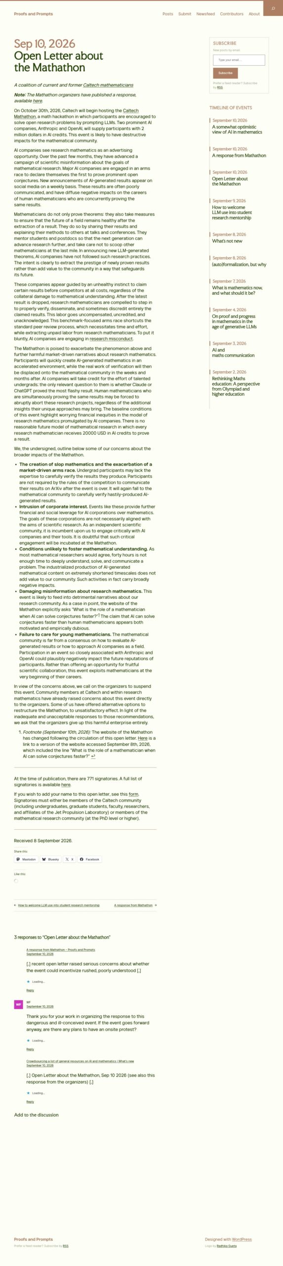 Capture d'écran intégrale de la lettre ouverte des mathématiciens contre le Mathathon publiée le 10 septembre 2026