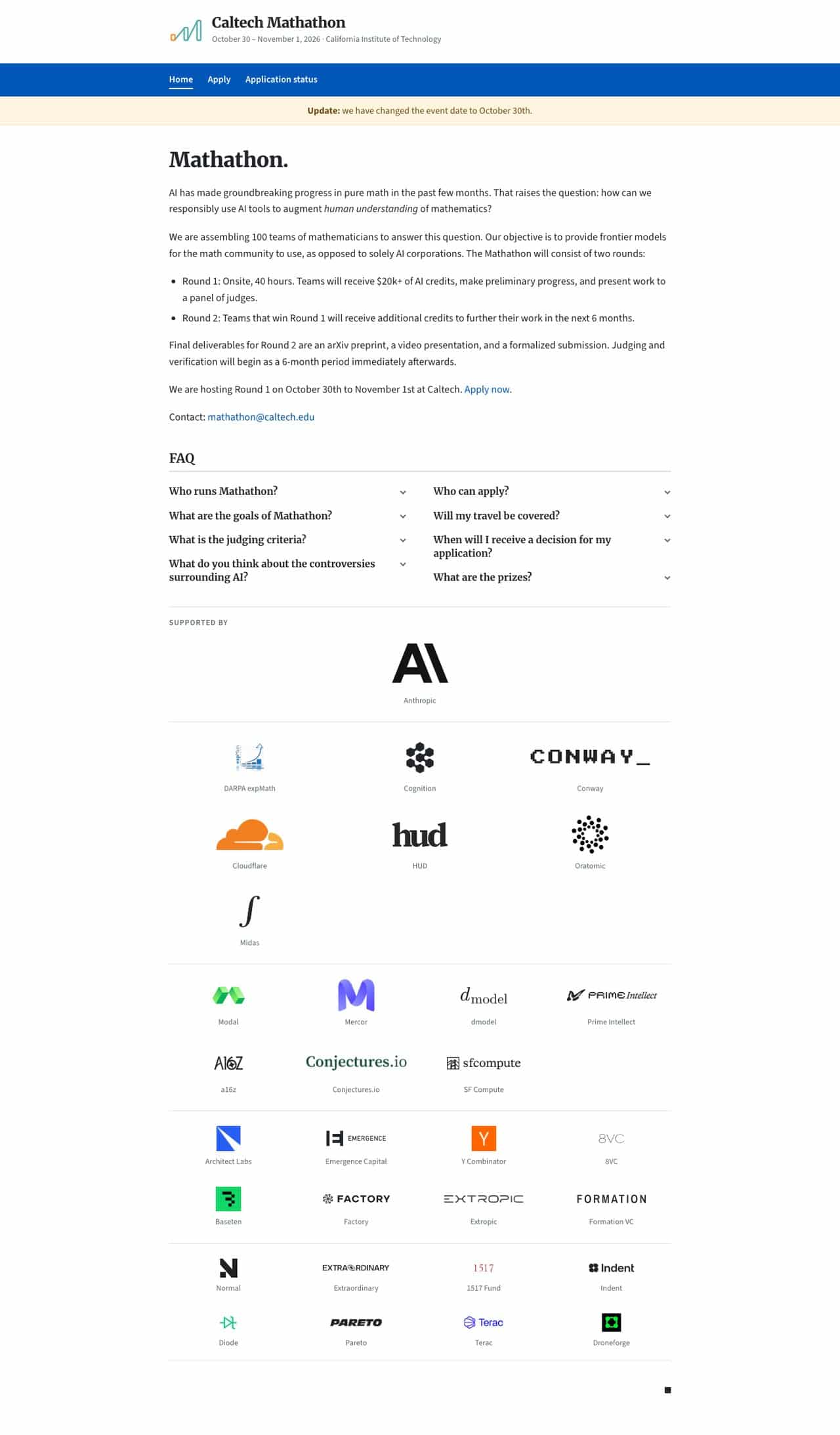 Capture du site officiel du Mathathon le 11 septembre 2026 : Anthropic est le seul sponsor de premier rang affiché après le retrait d'OpenAI