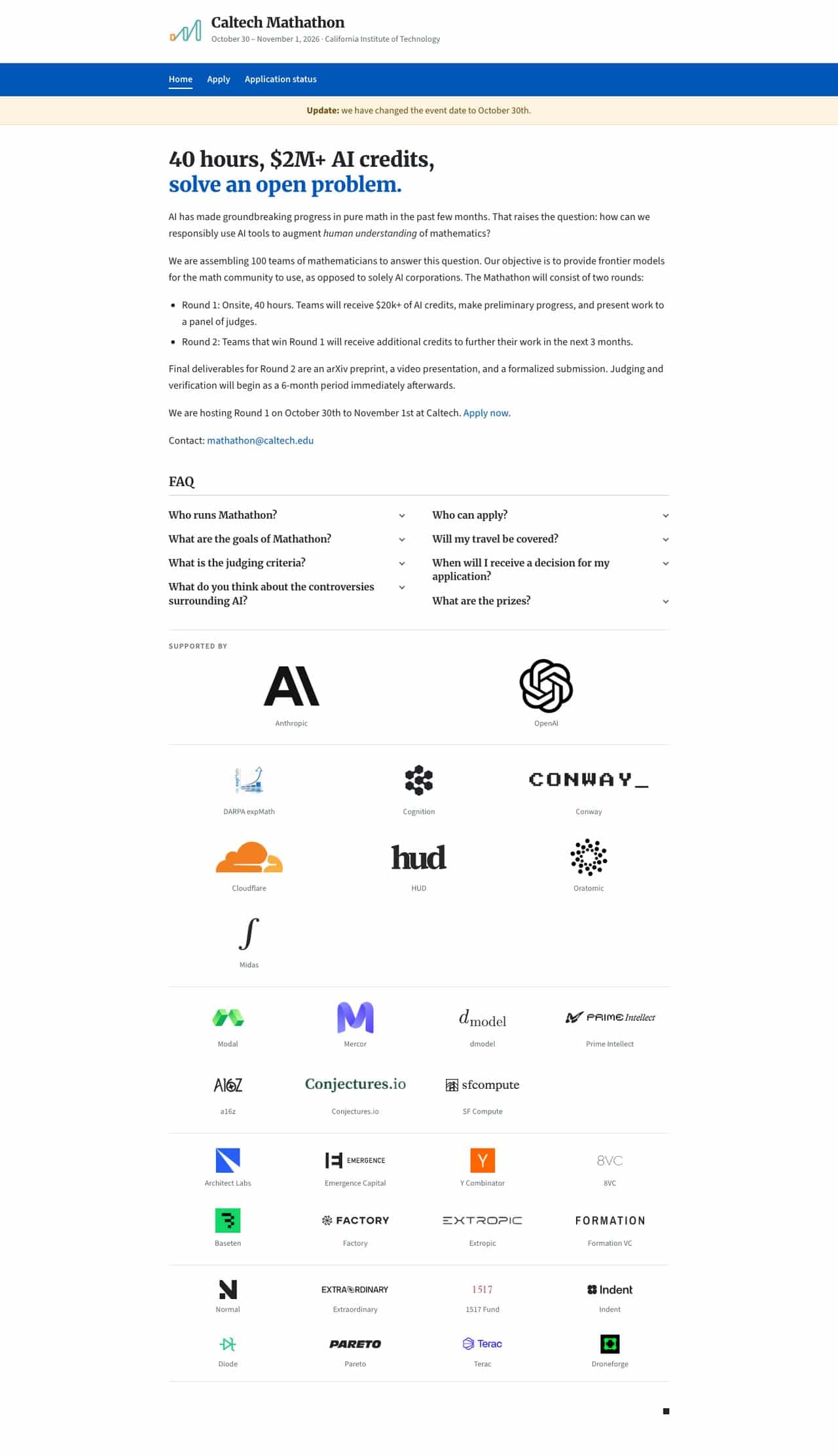 Capture du site officiel du Mathathon archivé le 10 septembre 2026 à 18 h 46 : le titre promet 2 millions de dollars de crédits IA et OpenAI figure comme sponsor de premier rang
