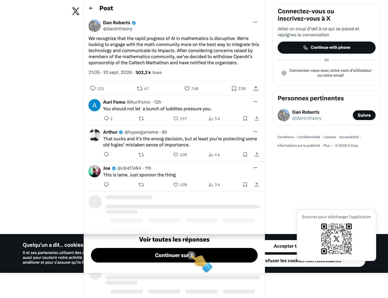 Capture du message X de Dan Roberts, directeur de recherche d'OpenAI, annonçant le 10 septembre 2026 à 21 h 05 le retrait du sponsoring du Mathathon de Caltech