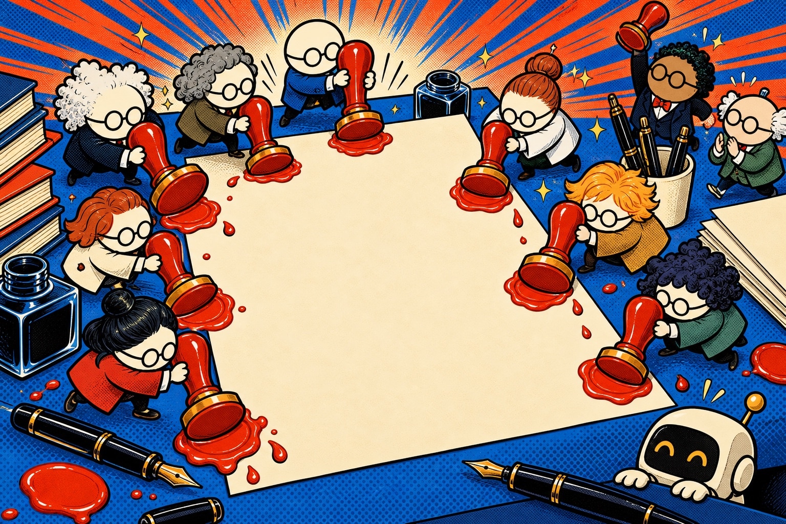 Mathématiciens en style bande dessinée apposant des sceaux de cire rouge sur une pétition géante tenue par un robot, illustration pop-art