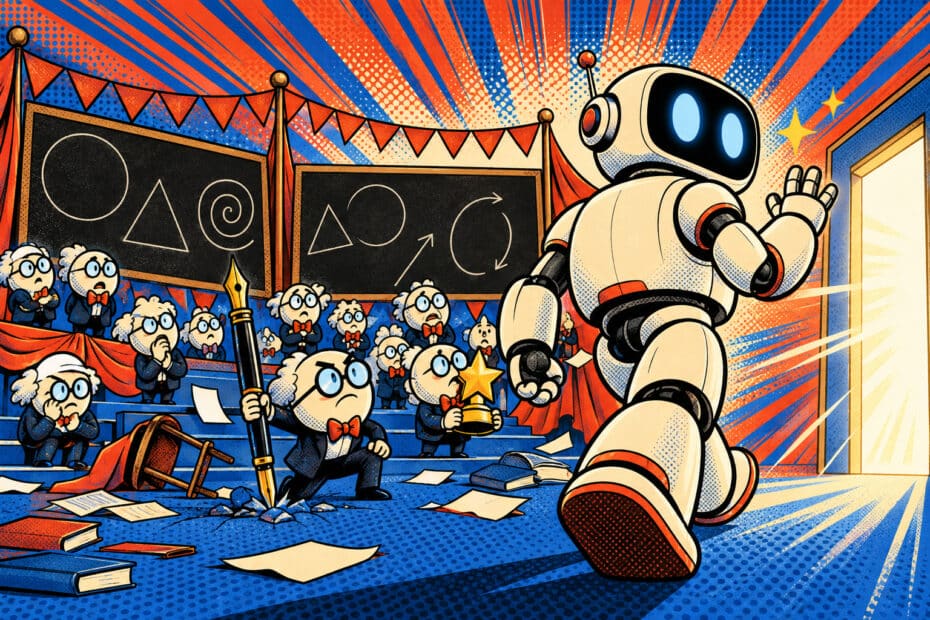Robot géant pop-art tournant le dos à une scène de concours de mathématiques, illustration style BD années 60