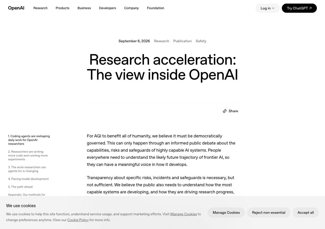 Capture du billet Research acceleration publié par OpenAI le 6 septembre 2026, qui documente l’accélération de la recherche par les agents