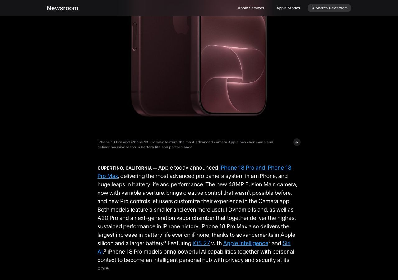 Capture du communique Apple du 9 septembre 2026 presentant l iPhone 18 Pro, avec Siri AI en sous-titre