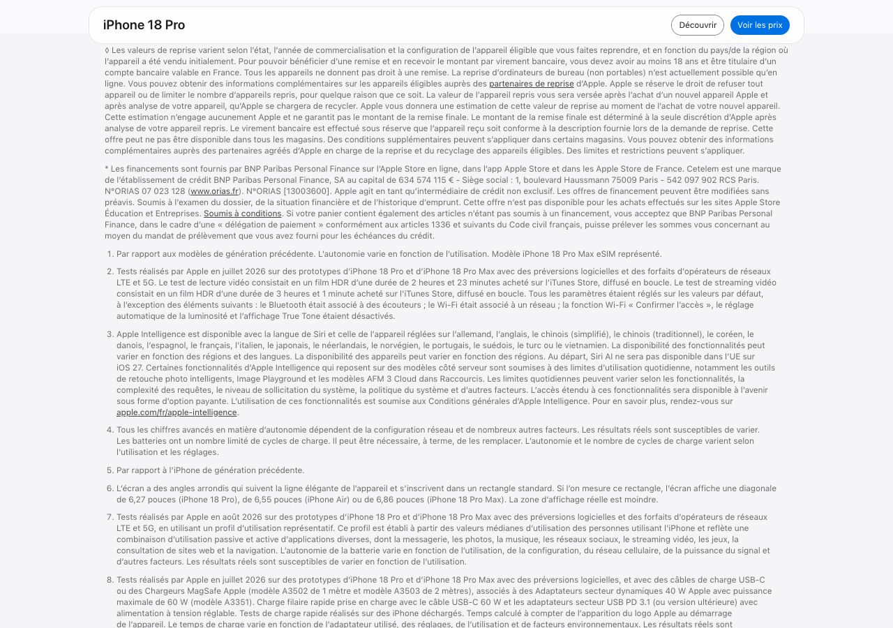 Capture de la page francaise de l iPhone 18 Pro sur apple.com avec la note Siri AI ne sera pas disponible dans l UE sur iOS 27 au depart