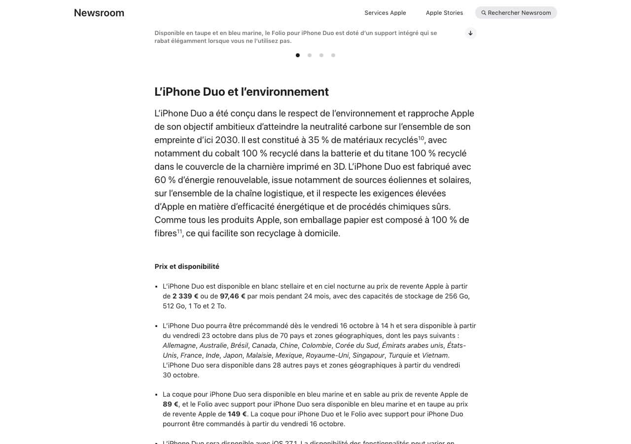 Capture du communique francais Apple de l iPhone Duo avec le prix de 2 339 euros et les dates de preco et disponibilite en France
