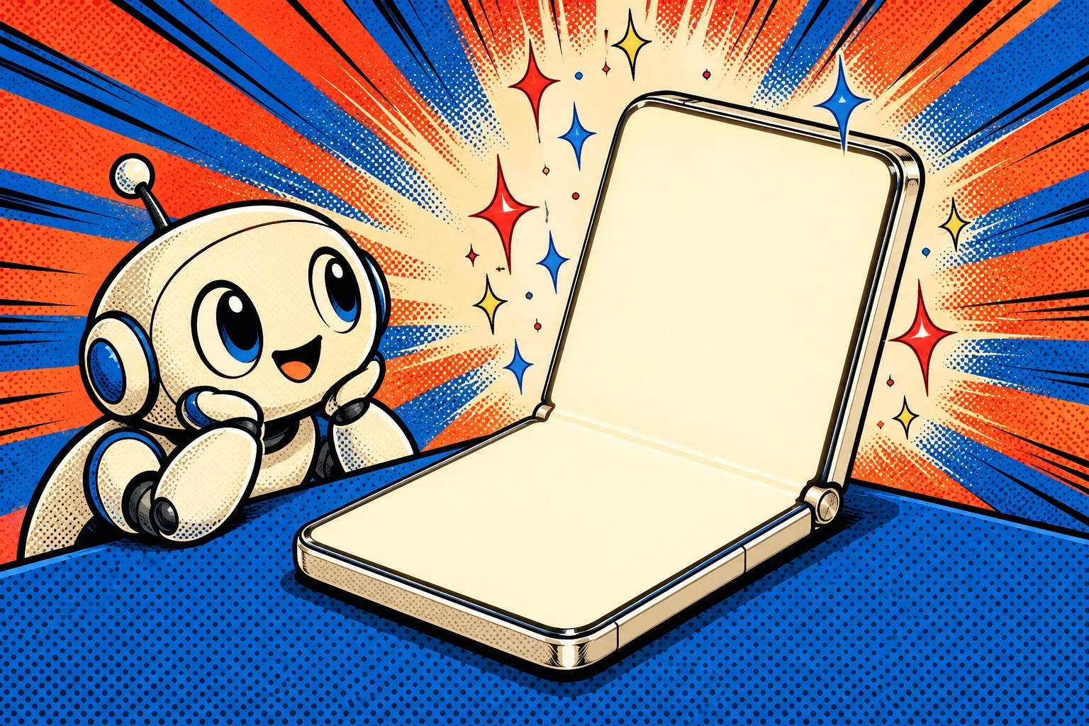 Illustration pop art d un smartphone pliable mi-ouvert comme un livre, aux ecrans vierges, avec la mascotte robot de Yiaho qui l observe depuis le bord de la table