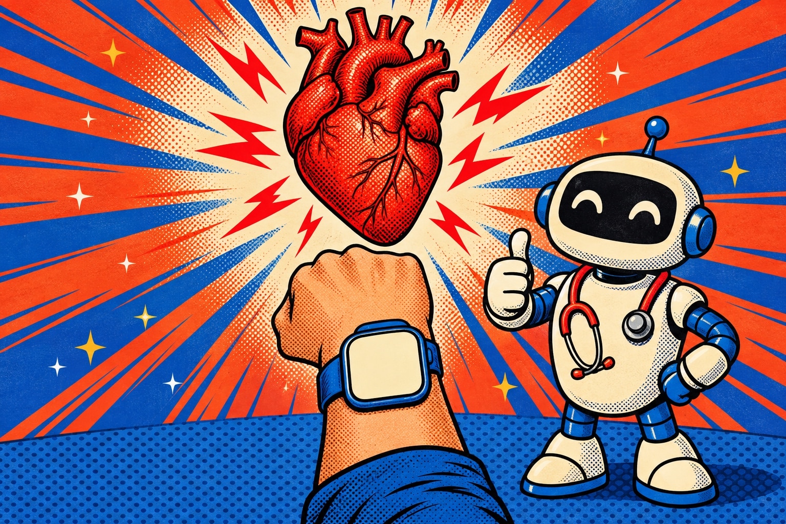 Illustration pop art d un poignet portant une montre connectee a l ecran vierge, surmontee d un coeur rouge en trame de points, avec la mascotte robot de Yiaho stethoscope au cou