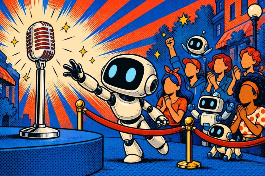 Illustration pop art d un robot tendu vers un micro derriere une corde rouge, pour l article Siri AI keynote Apple