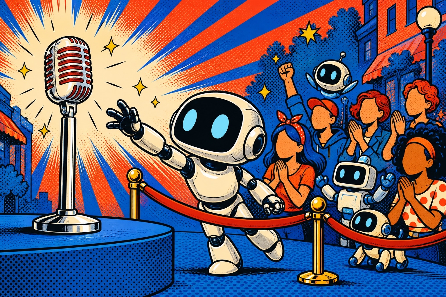 Illustration pop art d un robot tendu vers un micro derriere une corde rouge, pour l article Siri AI keynote Apple