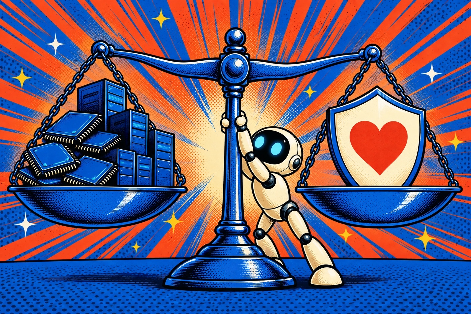 Illustration pop-art d'une balance geante pesant des puces informatiques bleues contre un bouclier creme orne d'un coeur rouge