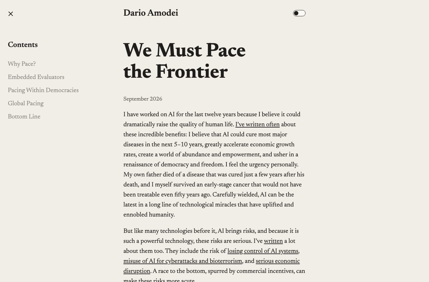 Capture du billet de Dario Amodei, We Must Pace the Frontier, publie en septembre 2026 sur darioamodei.com