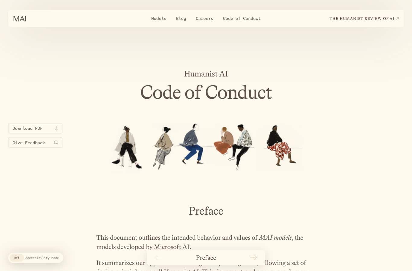 Capture de la page Humanist AI Code of Conduct publiee par Microsoft AI le 14 septembre 2026
