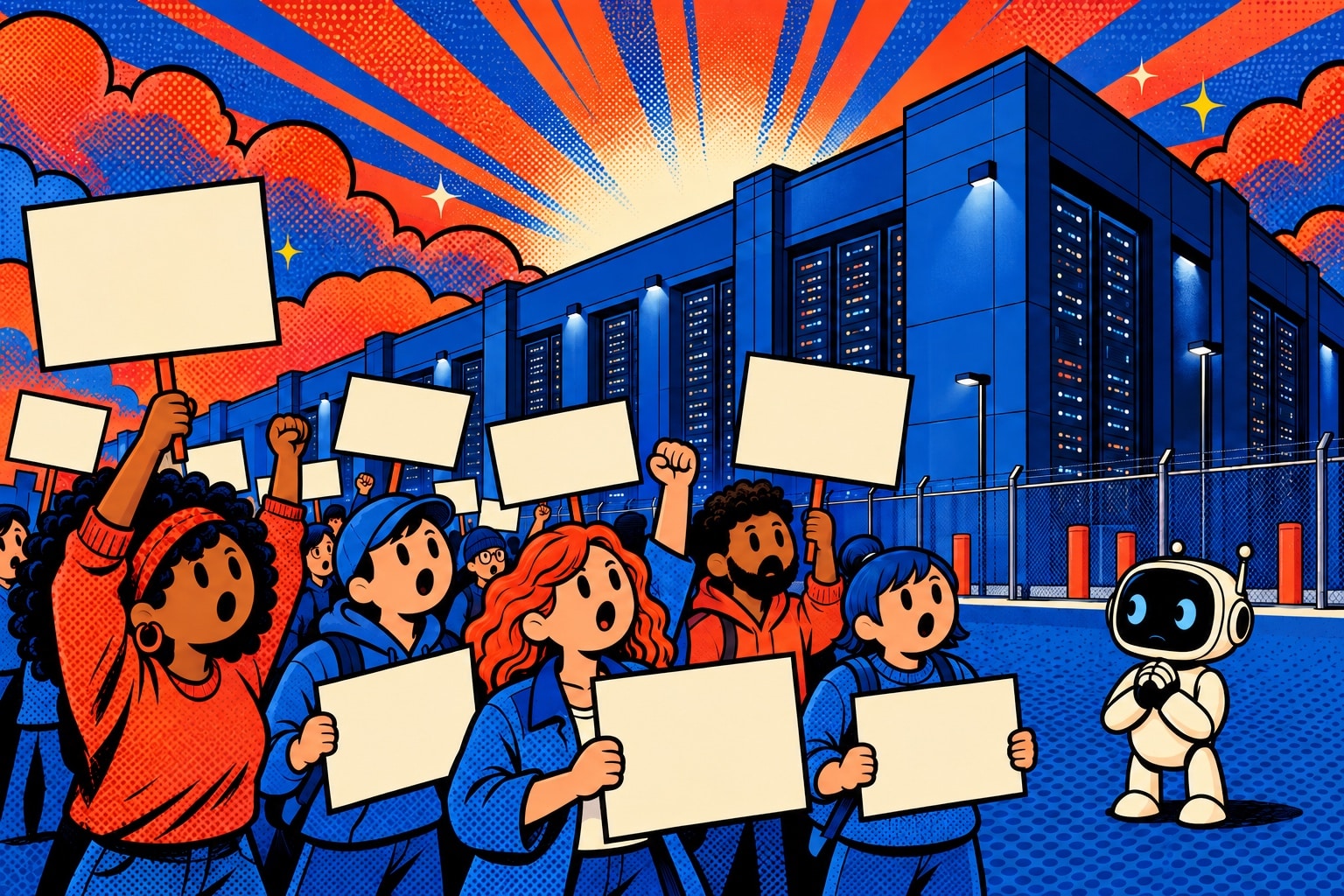 Illustration pop-art de riverains en manifestation avec des pancartes vierges devant un data center bleu