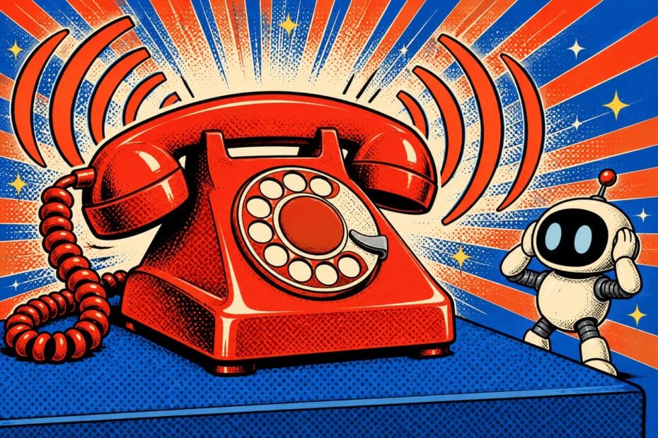 Illustration pop-art d'un telephone rouge vintage qui sonne devant une explosion de rayons rouges et bleus, un petit robot creme se bouche les oreilles