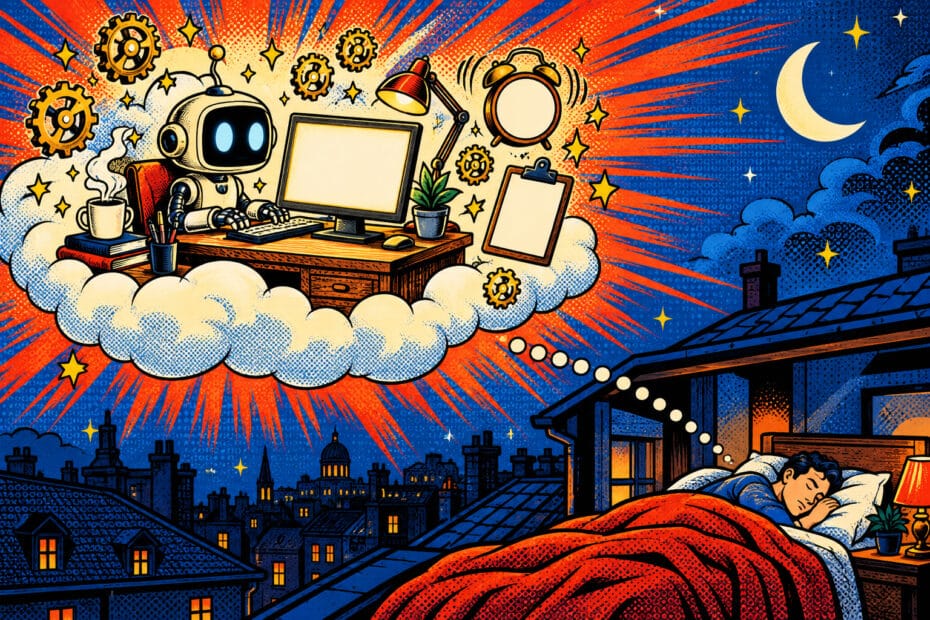 Illustration pop-art : un agent IA dots travaille sur son ordinateur dans le nuage pendant que son utilisateur dort