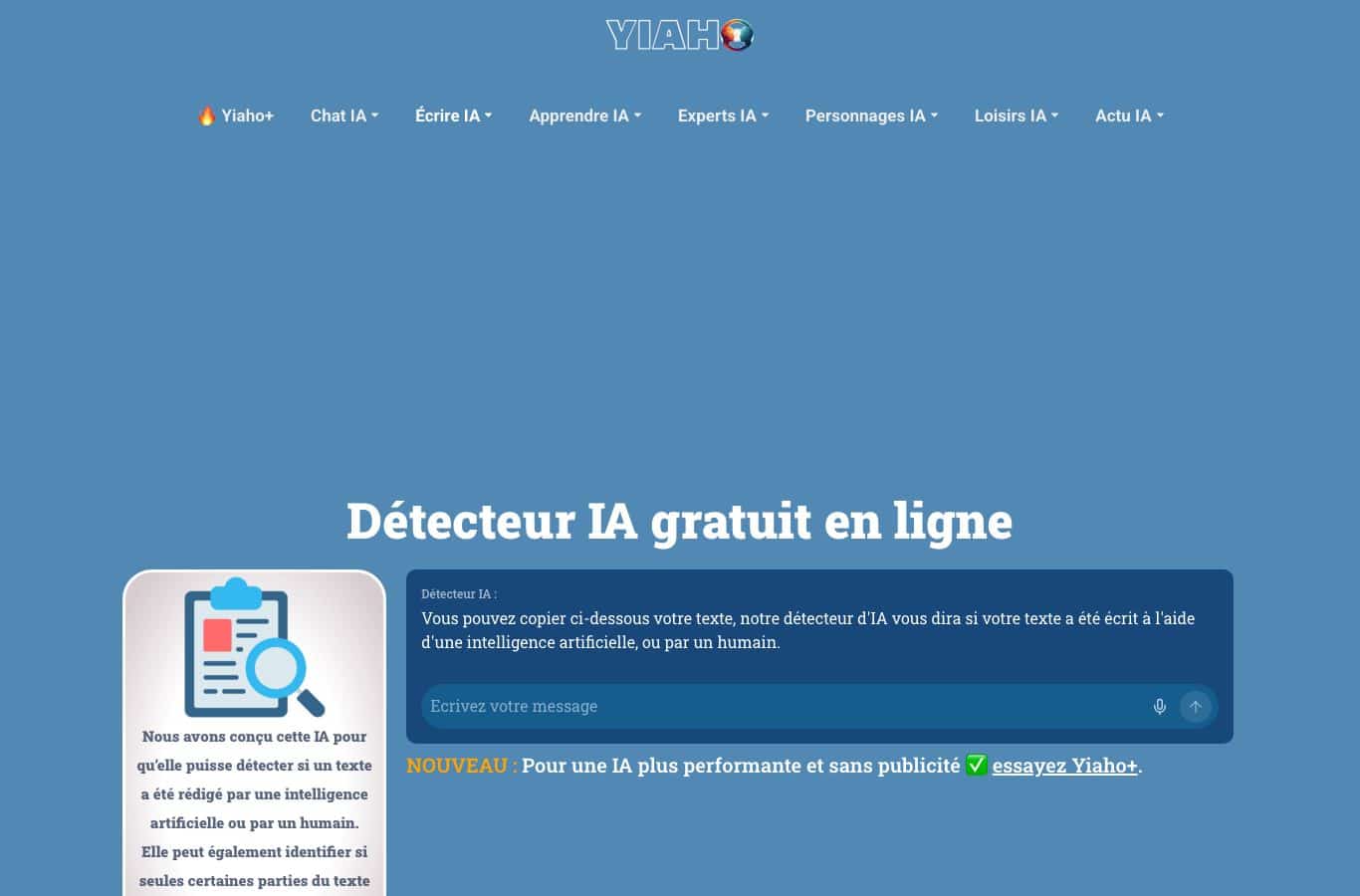 Capture d'écran du détecteur IA de Yiaho : page de l'outil avec sa zone de texte à analyser