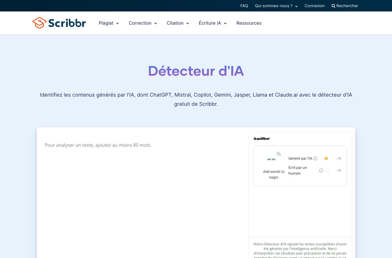 Capture d'écran du détecteur d'IA Scribbr en français : offres détection basique et premium