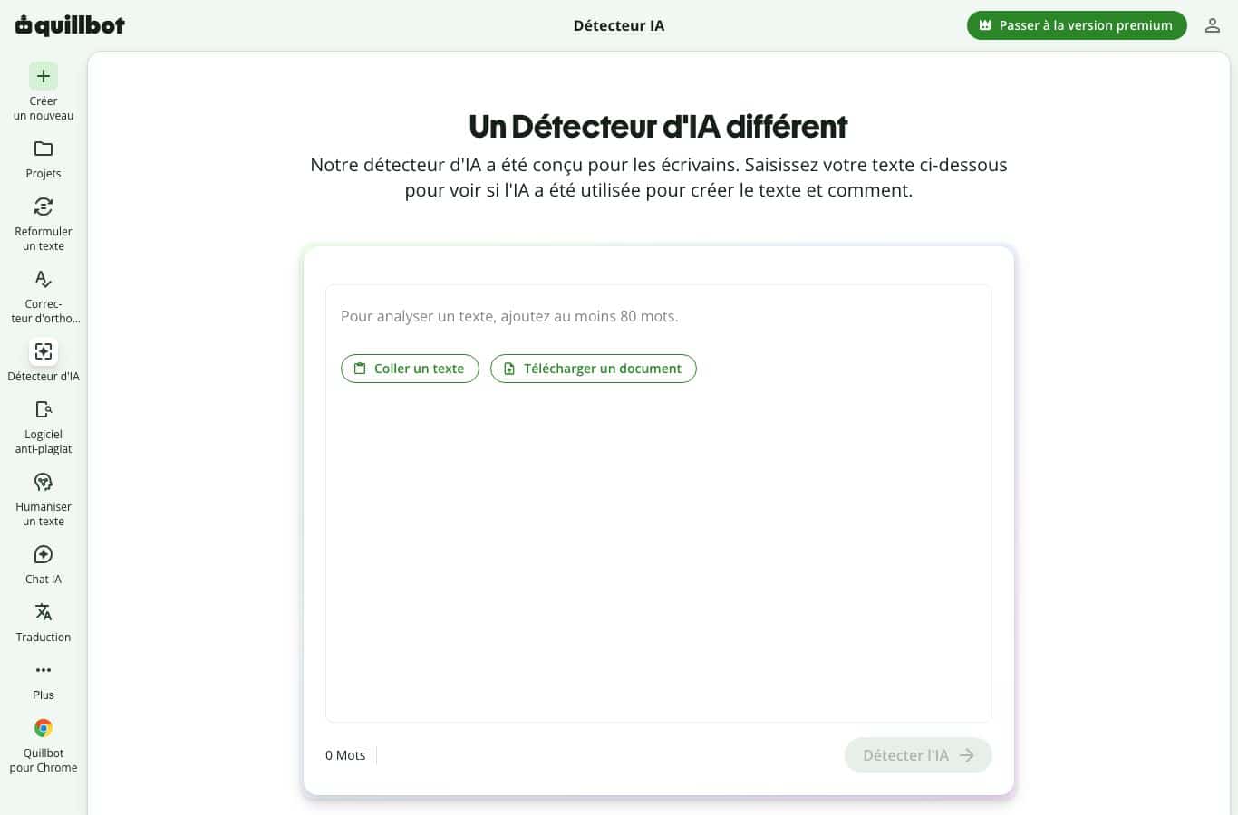 Capture d'écran du détecteur d'IA QuillBot en français : zone de collage de texte