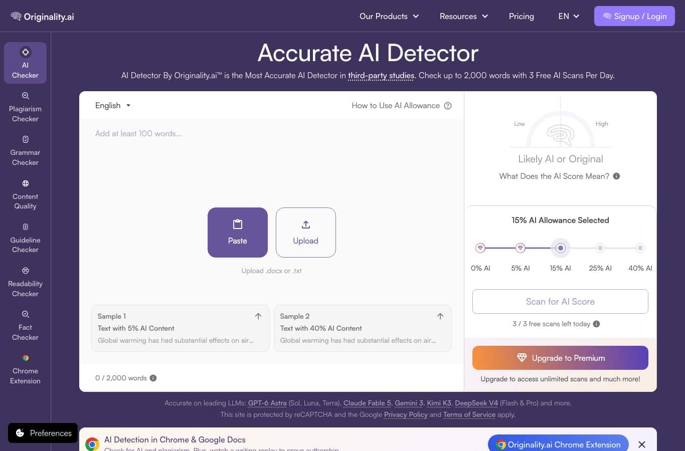 Capture d'écran d'Originality.ai : détecteur IA et scanner de contenu