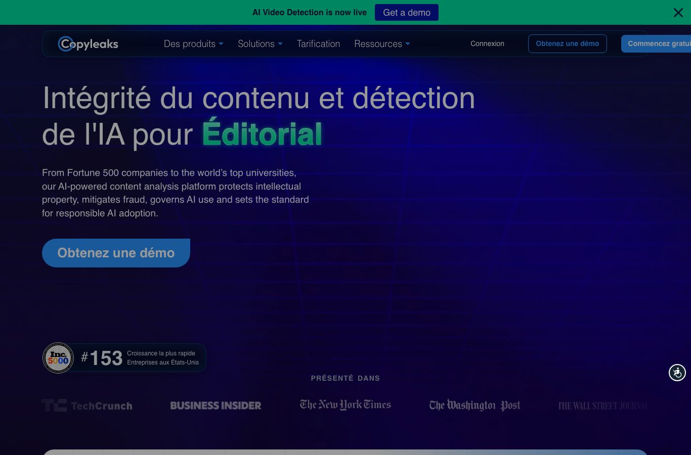 Capture d'écran de Copyleaks en français : détection IA, plagiat et annonce de la détection vidéo IA
