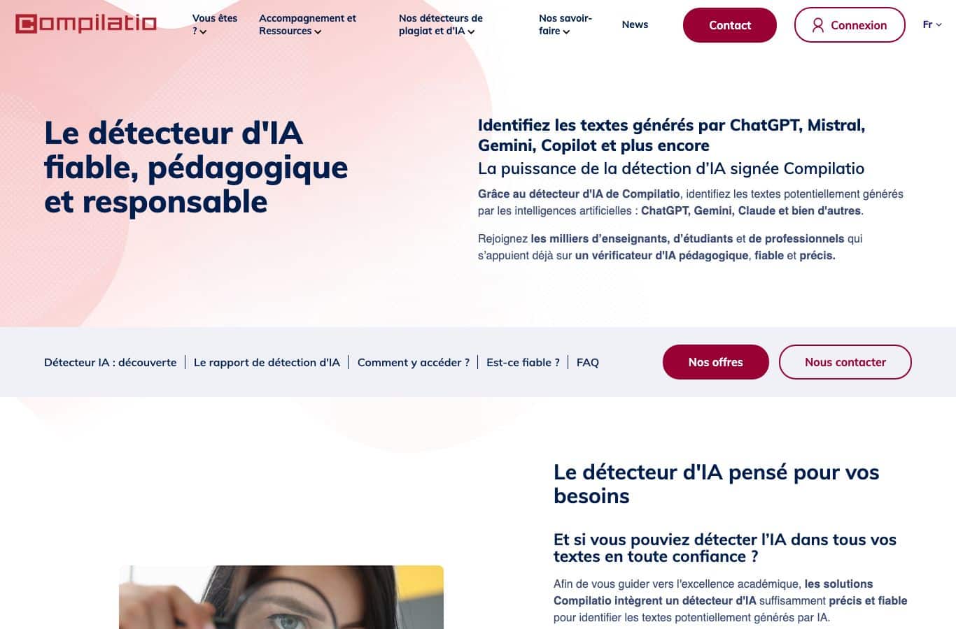 Capture d'écran de Compilatio : détecteur d'IA français pour enseignants, Magister et Studium