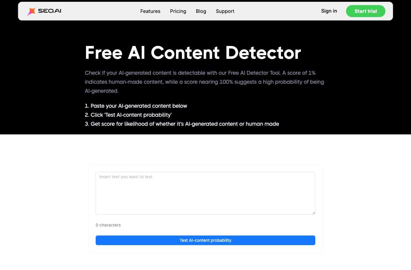 Capture d'écran du détecteur de contenu IA gratuit de SEO.ai