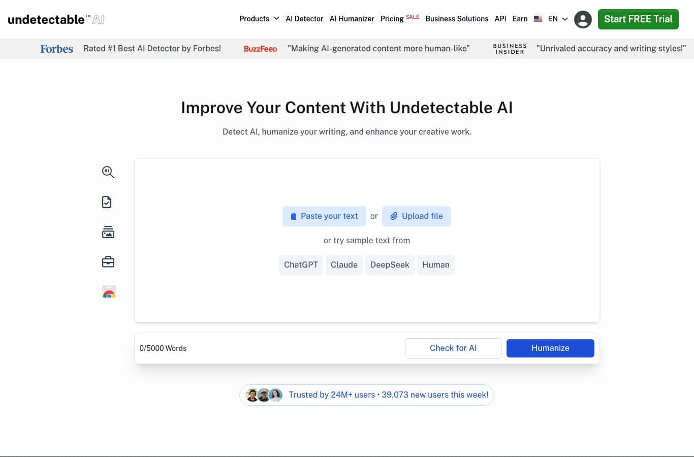 Capture d'écran d'Undetectable AI : détection jusqu'à 5 000 mots et bouton de humanisation