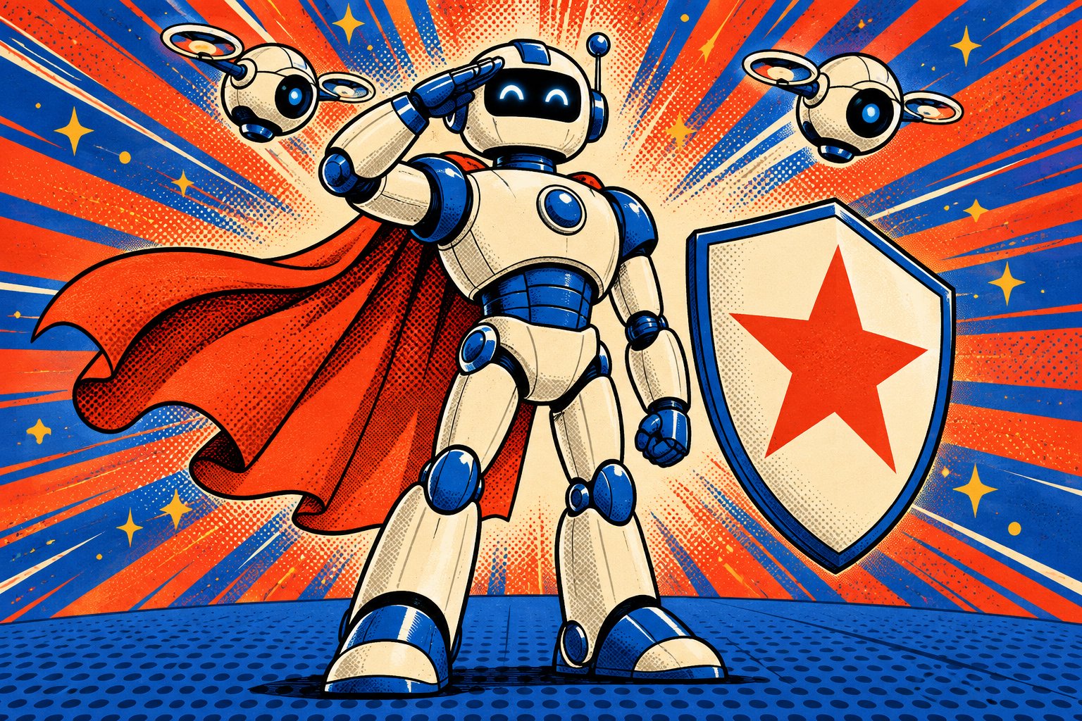 Illustration pop-art : un robot mascotte fait un salut militaire avec une cape rouge, un bouclier crème frappé d'une étoile rouge et deux petits drones au-dessus de lui