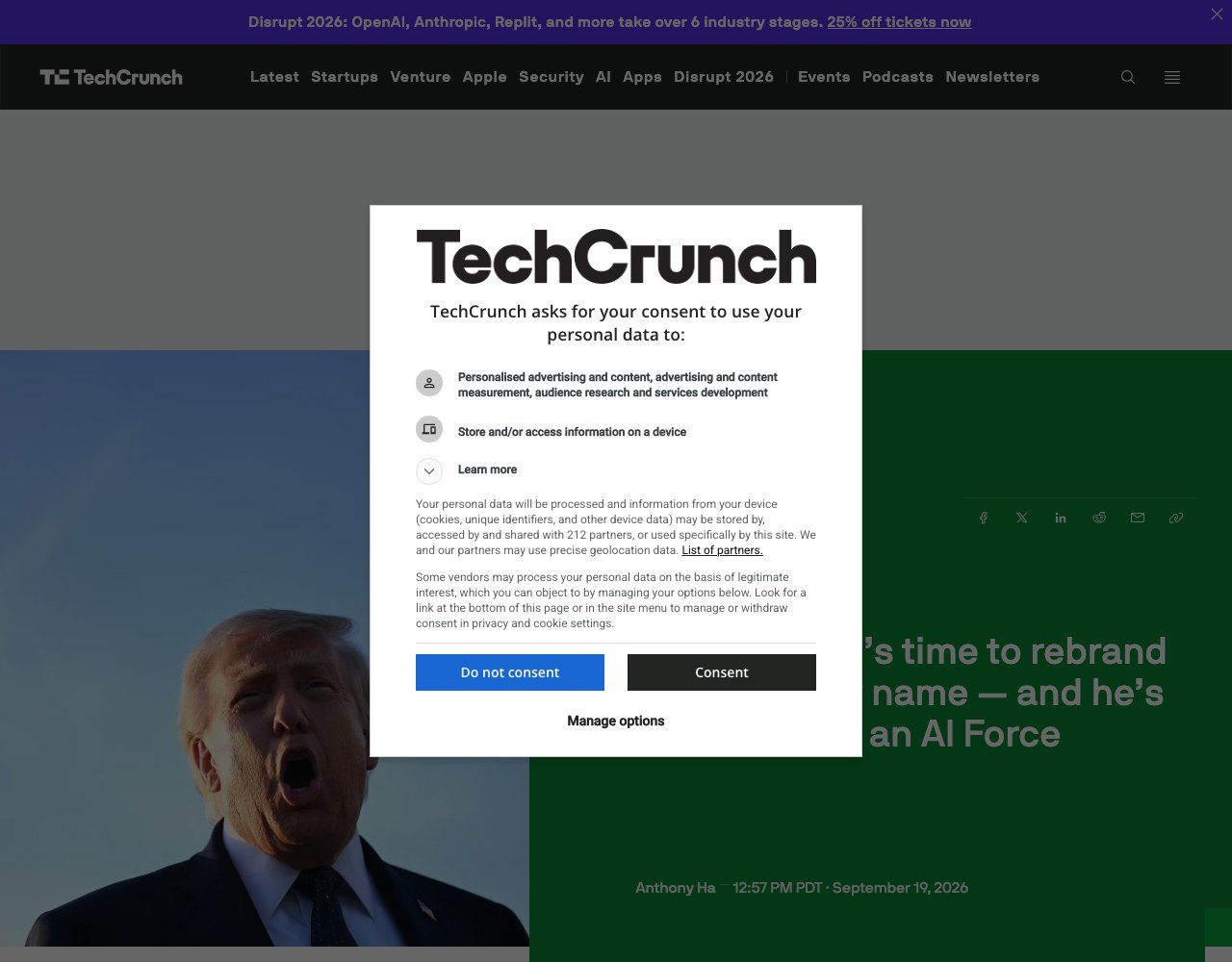 Capture de l'article de TechCrunch du 19 septembre 2026 consacré au sondage pour renommer l'IA et à la création de l'AI Force