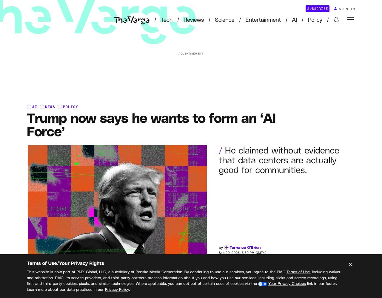 Capture de l'article de The Verge du 20 septembre 2026 sur l'AI Force, l'AI czar et les affirmations non prouvées sur les data centers