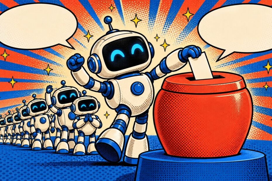 Illustration pop-art : une file de robots dépose des bulletins vierges dans une grande urne rouge sous des rayons bleus et rouges
