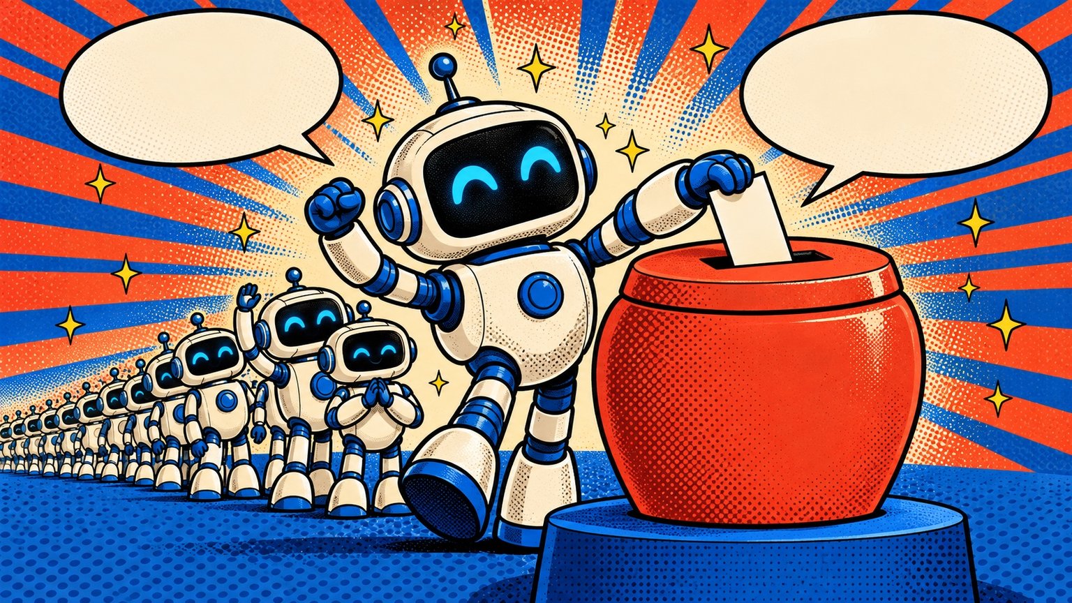 Illustration pop-art : une file de robots dépose des bulletins vierges dans une grande urne rouge sous des rayons bleus et rouges