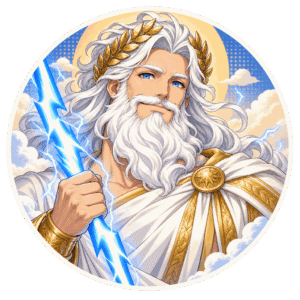 Zeus, roi des dieux, personnage IA de Yiaho, portrait style manga