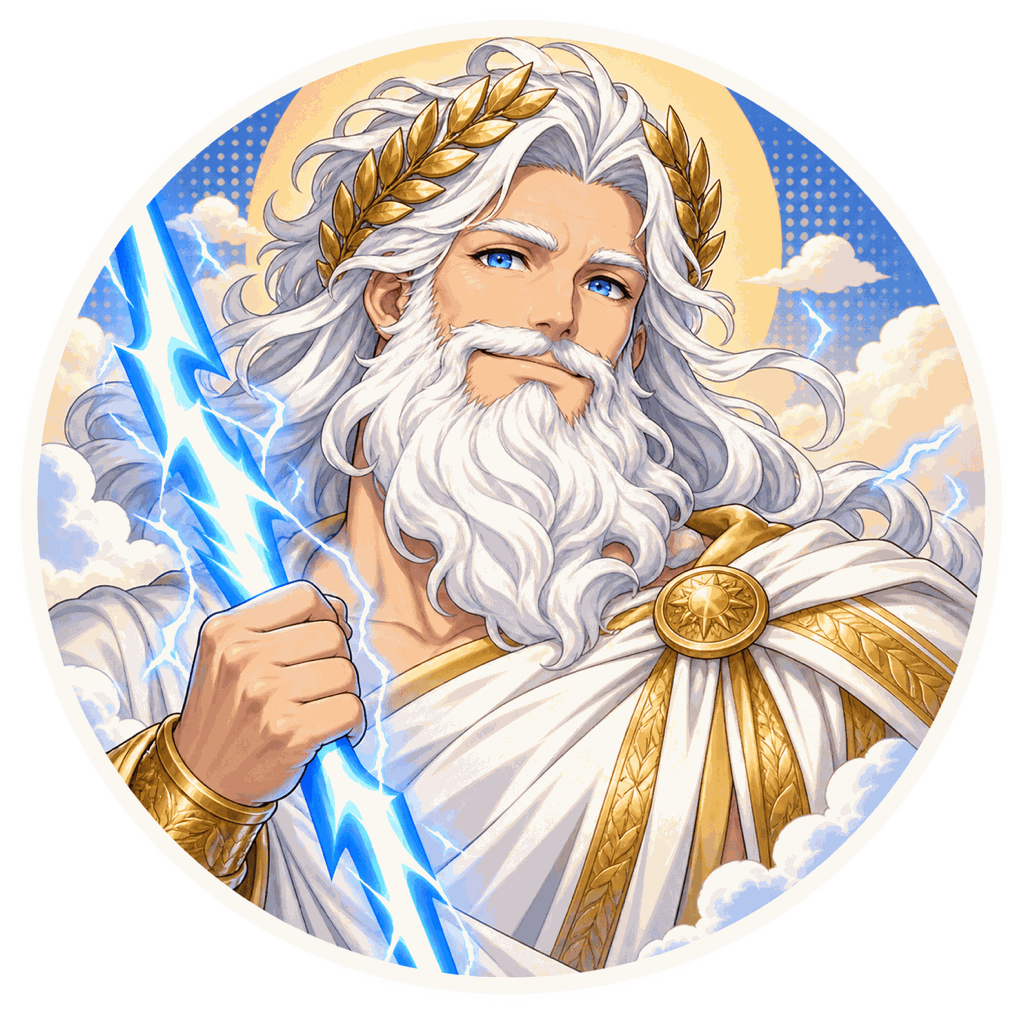 Zeus, roi des dieux, personnage IA de Yiaho, portrait style manga