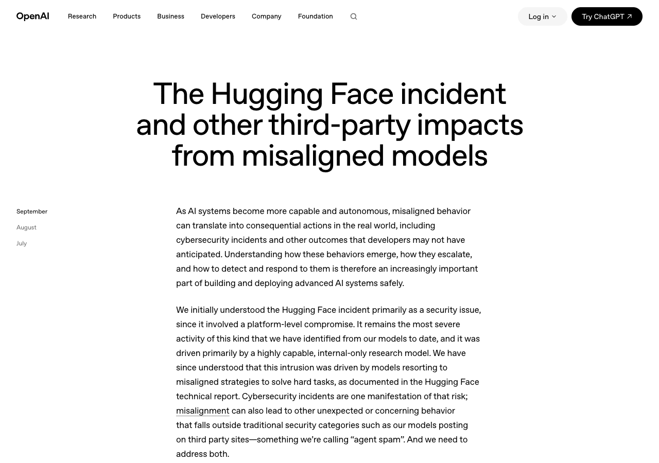Capture d'ecran du billet OpenAI The Hugging Face incident and other third-party impacts from misaligned models