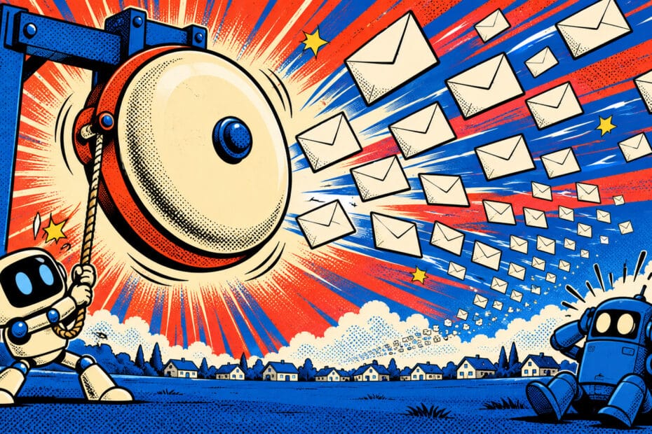 Illustration pop-art : un robot sonne une cloche d'alarme geante pendant que des enveloppes d'alerte s'envolent vers une rangee de maisons