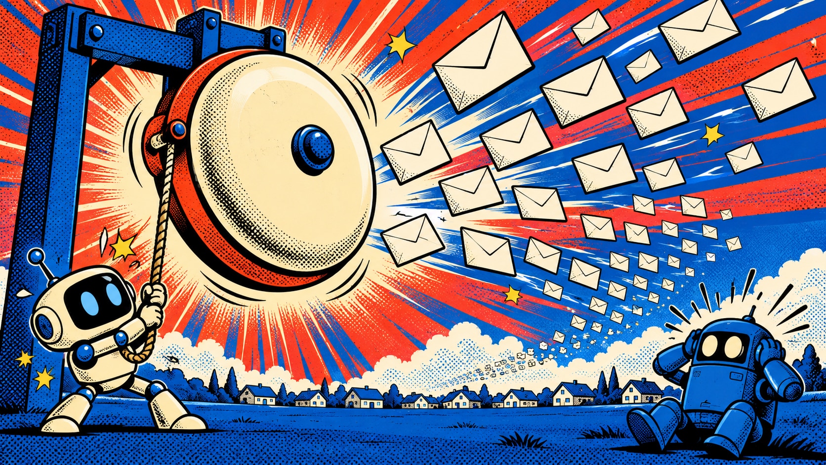 Illustration pop-art : un robot sonne une cloche d'alarme geante pendant que des enveloppes d'alerte s'envolent vers une rangee de maisons