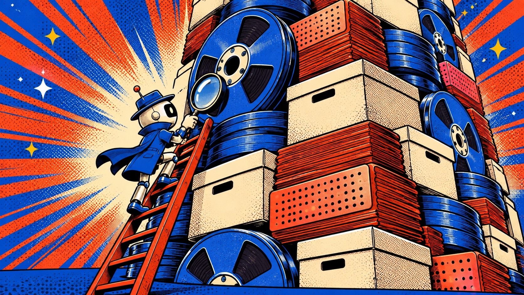 Illustration pop-art : un robot detective grimpe a l'echelle le long d'une tour de bobines de donnees avec une loupe