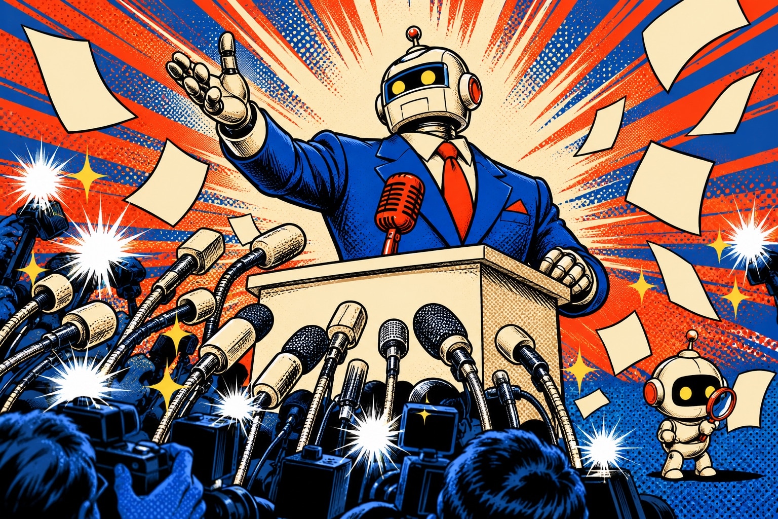 Robots dessinés façon comics : un robot en costume s'exprime à un pupitre de conférence de presse crème sous les éclairs des appareils photo, illustration pop-art rouge et bleu