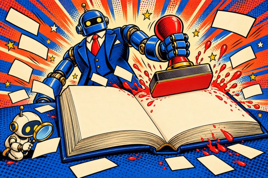 Illustration pop-art : un robot en costume tamponne un dictionnaire géant aux pages vierges, explosion rouge et bleue, style bande dessinée années 60