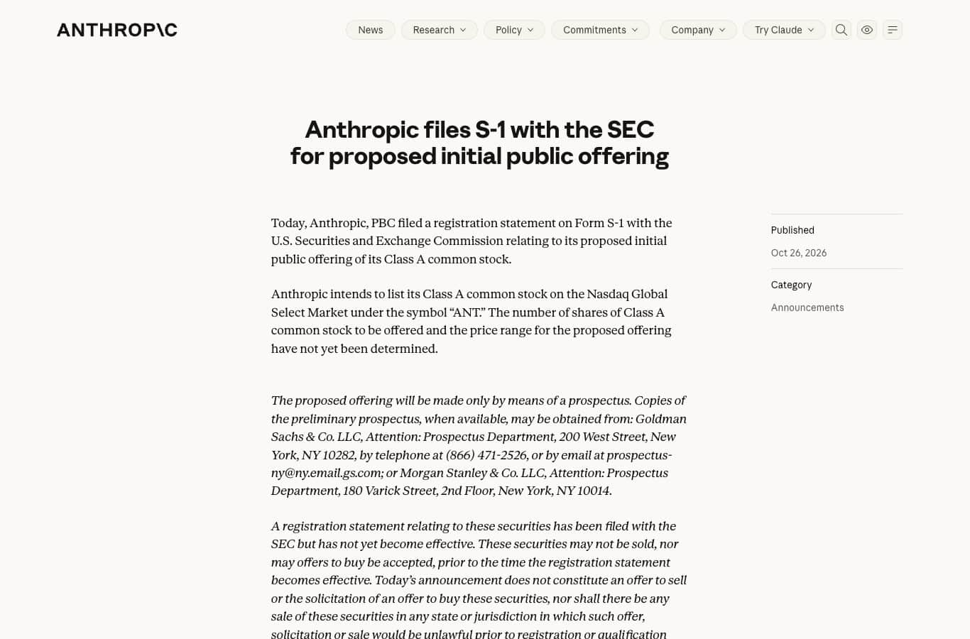 Capture d’écran de la page d’annonce d’Anthropic du 26 octobre 2026, avec le symbole Nasdaq « ANT » et la mention que la fourchette de prix n’est pas encore déterminée
