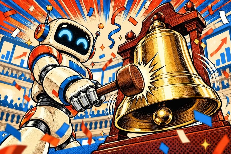 Illustration pop-art en contre-plongée : en gros plan, la mascotte robot frappe une grande cloche en laiton poli posée sur un socle en bois sculpté, avec un maillet en bois ; des confettis et des serpentins volent, avec un balcon et des panneaux d’affichage vierges aux flèches montantes en arrière-plan.