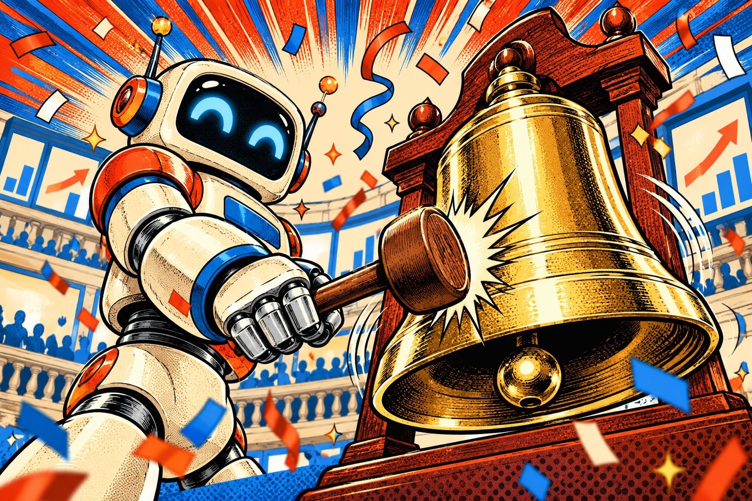 Illustration pop-art en contre-plongée : en gros plan, la mascotte robot frappe une grande cloche en laiton poli posée sur un socle en bois sculpté, avec un maillet en bois ; des confettis et des serpentins volent, avec un balcon et des panneaux d’affichage vierges aux flèches montantes en arrière-plan.