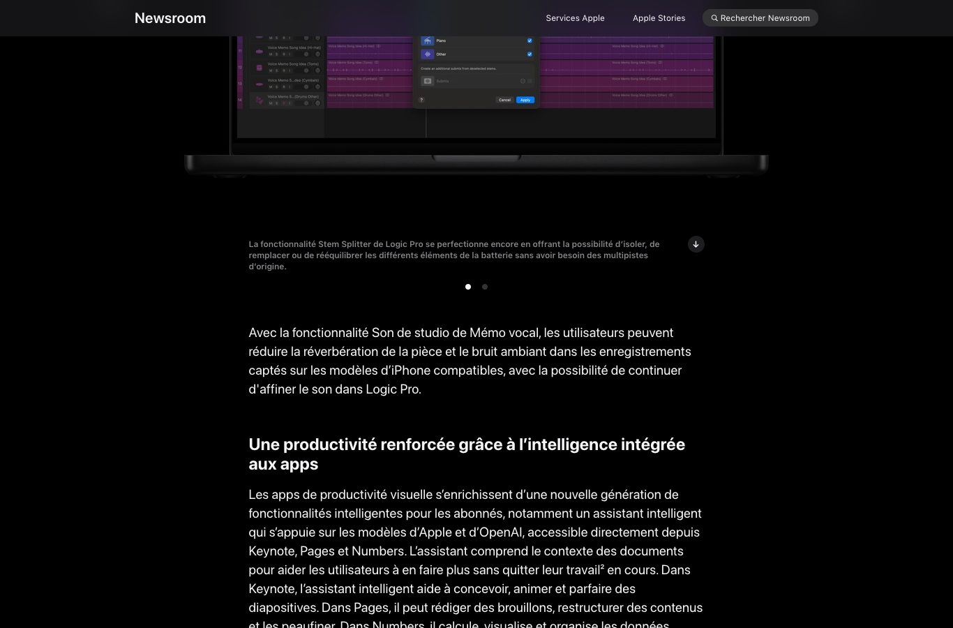 Capture d’écran du communiqué d’Apple du 27 octobre 2026 : le paragraphe sur l’assistant intelligent de Keynote, Pages et Numbers, réservé aux abonnés